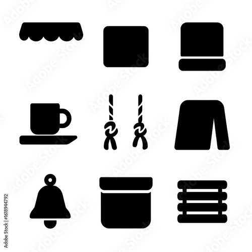 Swing Accessories Icons. Solid, filled icon set of Swing accessories: canopy, cushion, backrest, cup holder, decorative ropes,