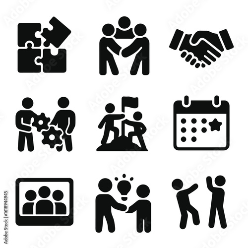 Team Building Icons. Solid, filled icons set of team building activities: puzzle pieces, team circle,