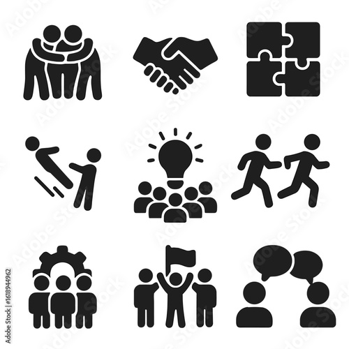Team Building Icons. Solid, filled icons set of team building activities: group huddle, handshake, puzzle