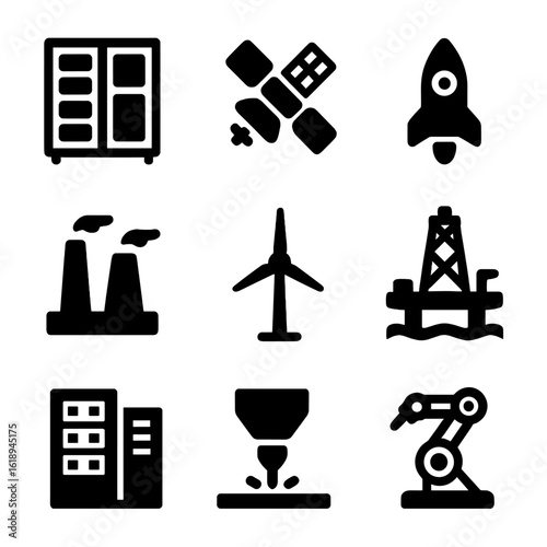 Tech Icons Grid. Solid, filled icon set of big technology: supercomputer, satellite, spaceship, power plant, wind turbine, oil rig