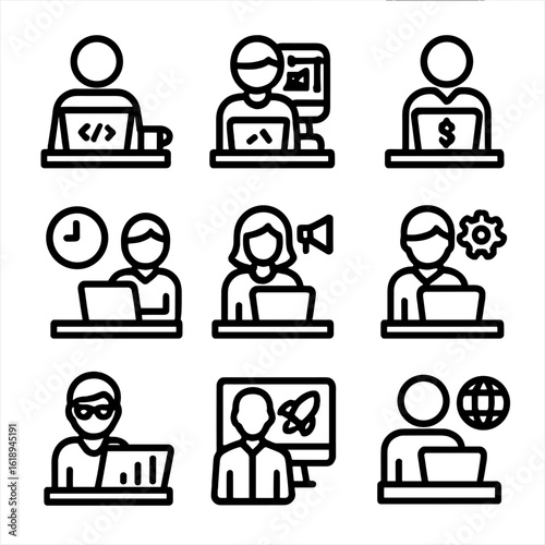Tech Hub Icons. Solid, filled icon set of coworking tech hub users: software developer, graphic designer, entrepreneur, freelancer