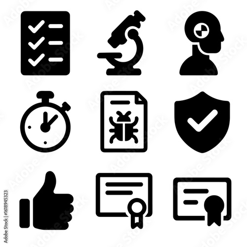 Testing Icons Grid. Solid, filled icon set of product testing and validation: checklist, microscope, crash test dummy, stopwatch,