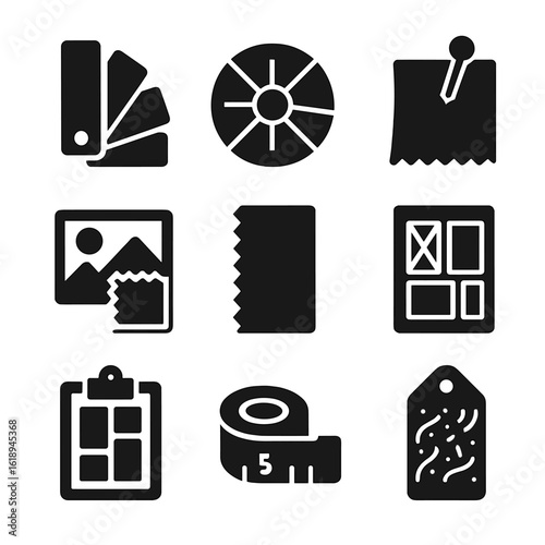 Textile Design Icons. Solid, filled icons set of textile mood boards and planning: swatch book, color wheel,