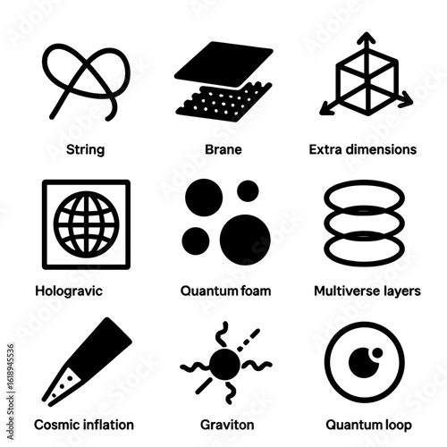 Theoretical Physics Icons. Solid, filled icon set of theoretical physics: string theory, brane, extra dimensions, holographic