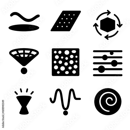 Theoretical Physics Icons. Solid, filled icon set of theoretical physics: string theory, brane, extra dimensions, holographic