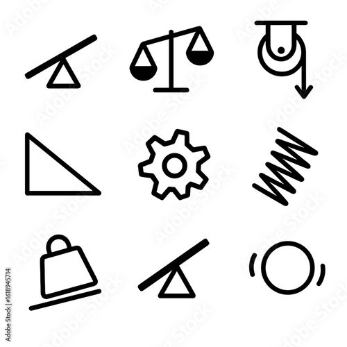 Tilt Physics Icons. Solid, filled icon set of tilt in physics and mechanics: tilted lever, unbalanced scale, slanting pulley,