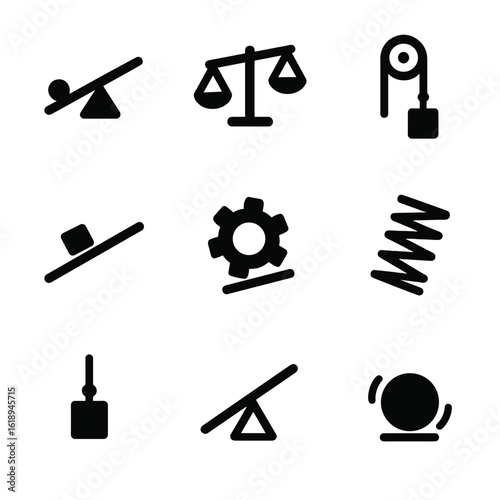 Tilt Physics Icons. Solid, filled icon set of tilt in physics and mechanics: tilted lever, unbalanced scale, slanting pulley,
