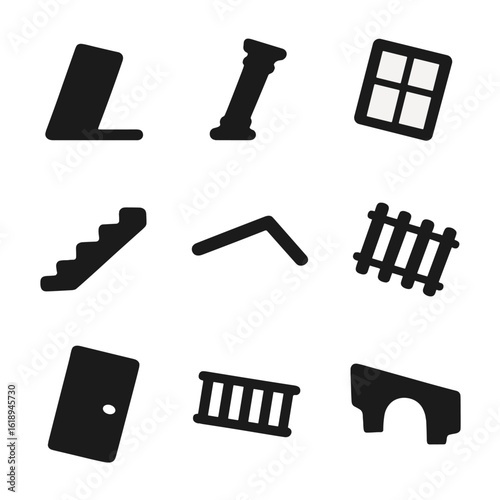 Tilted Architectural Elements. Solid, filled icon set of architectural tilt elements: slanting wall, leaning pillar, tilted window