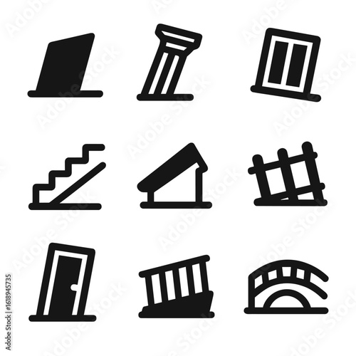 Tilted Architectural Elements. Solid, filled icon set of architectural tilt elements: slanting wall, leaning pillar, tilted window