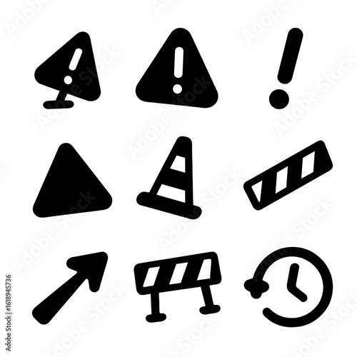 Tilted Symbol Icons. Solid, filled icon set of tilt effects and symbols: leaning warning sign, slanting hazard symbol, tilted