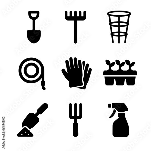 Tomato Garden Tools Icons. Solid, filled icon set of tomato garden tools: shovel, rake, tomato cage, watering hose, gloves,