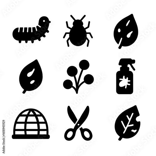 Tomato Pests Icons. Solid, filled icon set of tomato diseases and pests: tomato hornworm, aphids, blight leaf, yellow leaf, mold