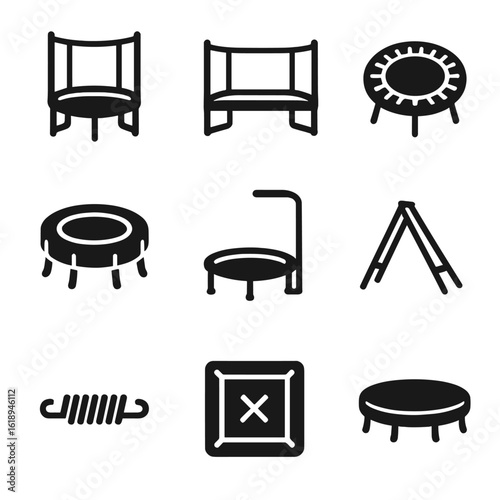 Trampoline Icons Set. Solid, filled icons set of trampoline types: round trampoline, rectangular trampoline,
