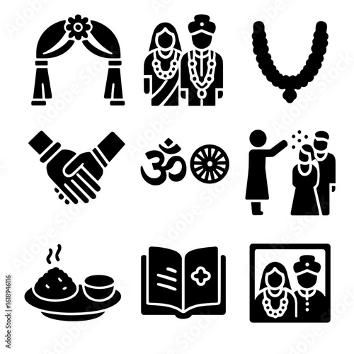 Traditional Wedding Icons. Solid, filled icon set of couples on traditional wedding days: wedding arch, ceremonial outfit, flower