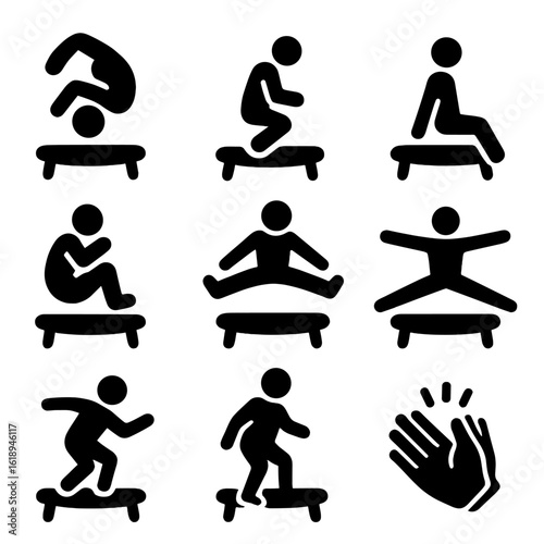 Trampoline Tricks Icons. Solid, filled icons set of trampoline tricks: backflip icon, knee drop, seat bounce,
