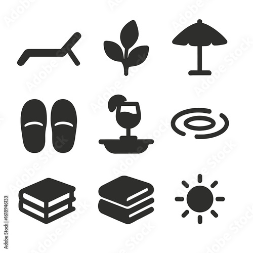 Tranquil Outdoor Icons. Solid, filled icons set of tranquil outdoor settings: poolside recliner, leafy plant,