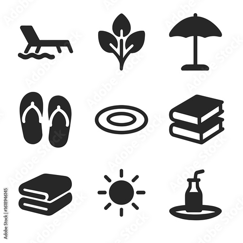 Tranquil Outdoor Icons. Solid, filled icons set of tranquil outdoor settings: poolside recliner, leafy plant,