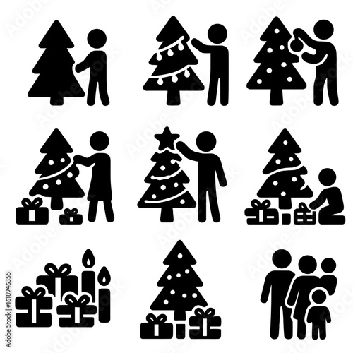 Tree Decorating Steps. Solid, filled icon set of tree decoration steps: setting up tree, hanging lights, placing ornaments, adding