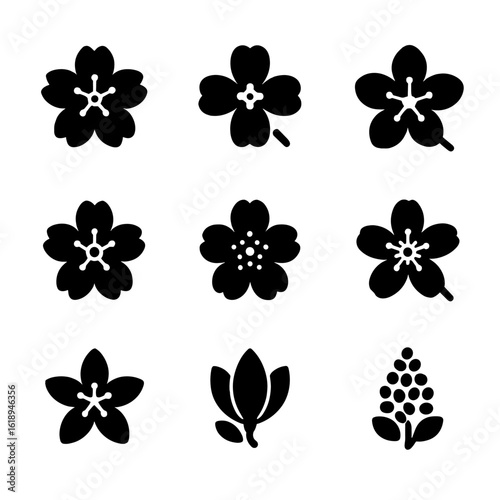 Tree Flower Icons. Solid, filled icon set of Flower types on trees: cherry blossom, dogwood flower, plum blossom, peach blossom,