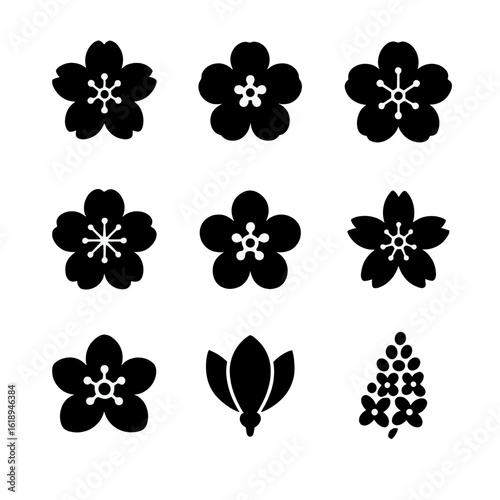 Tree Flower Icons. Solid, filled icon set of Flower types on trees: cherry blossom, dogwood flower, plum blossom, peach blossom,