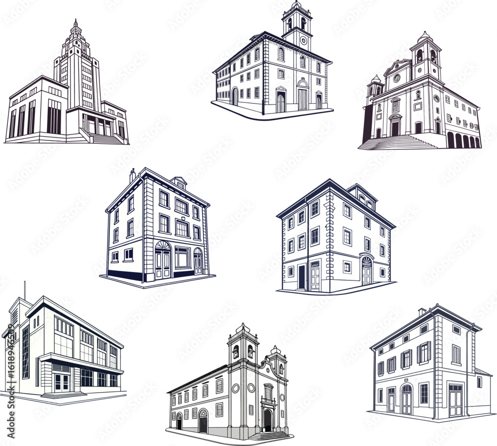 vector illustration of a building on white background set