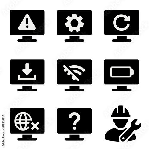 Troubleshooting Icons Grid. Solid, filled icon set of troubleshooting interactive displays: error alert, settings gear, reset