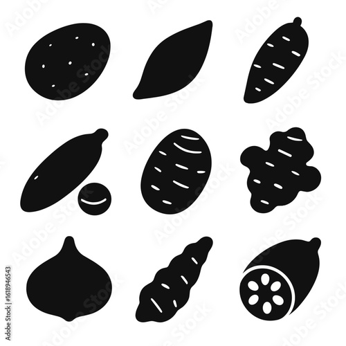 Tuber Icons Grid. Solid, filled icon set of common tubers: potato, sweet potato, yam, cassava, taro, Jerusalem artichoke, jicama,