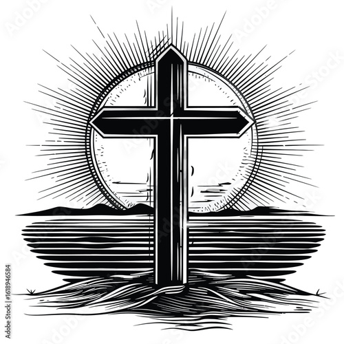 hand drawn cartoonish christian brand logo with christian cross and sunrise black and white