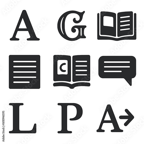 Typography Icons Grid. Solid, filled icons set of typography and book design: serif letter, decorative font,