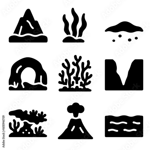 Underwater Icons Set. Solid, filled icon set of ocean floor features: underwater mountain, seaweed, sand, underwater cave, coral