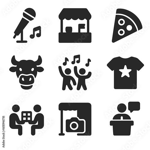University Welcome Week Icons. Solid, filled icons set of university welcome week activities: open mic, club