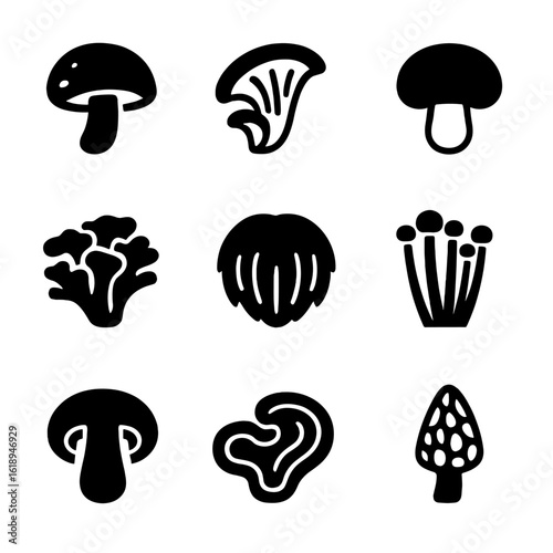 Urban Mushroom Icon Set. Solid, filled icon set of mushroom varieties in urban farms: shiitake, oyster, button mushroom, maitake,
