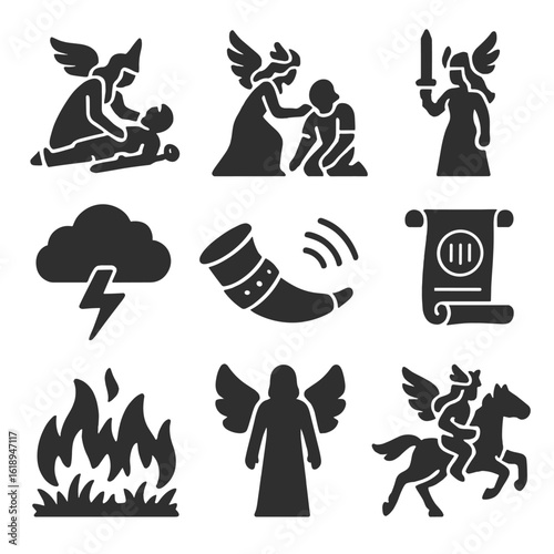 Valkyrie Icon Set. Solid, filled icons set of battlefield scenes with valkyries: fallen warrior, guiding