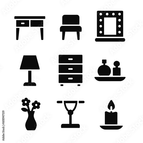 Vanity Icon Set. Solid, filled icon set of vanity furniture and decor: vanity table, stool, mirror with lights, lamp, drawer unit,