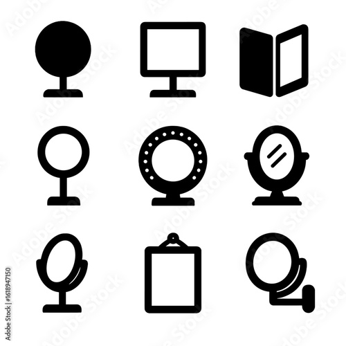 Vanity Mirror Icons. Solid, filled icons set of vanity mirror designs: round mirror, rectangular mirror,
