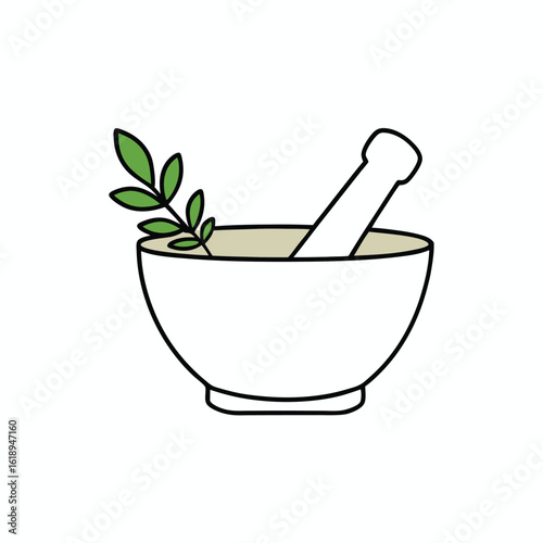 Cream white medicine mortar and pestle with fresh herbs illustration