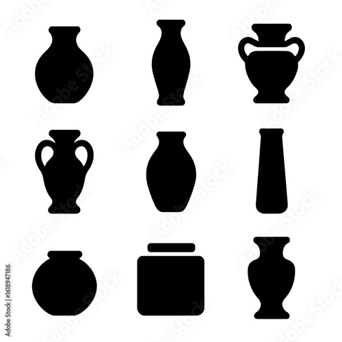 Vase Icon Collection. Solid, filled icon set of decorative vases: ceramic vase, glass vase, porcelain vase, metal vase, wooden