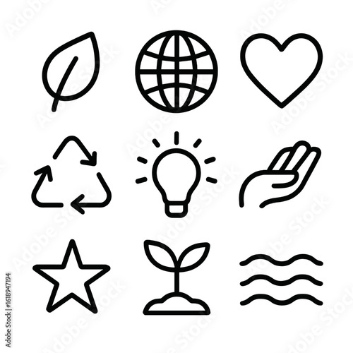 Vegan Leather Icons. Solid, filled icon set of vegan leather fashion inspiration: leaf, globe, heart, recycle symbol, light bulb,
