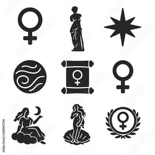 Venus Icon Collection. Solid, filled icons set of Venus in mythology and culture: Venus symbol, Roman statue,