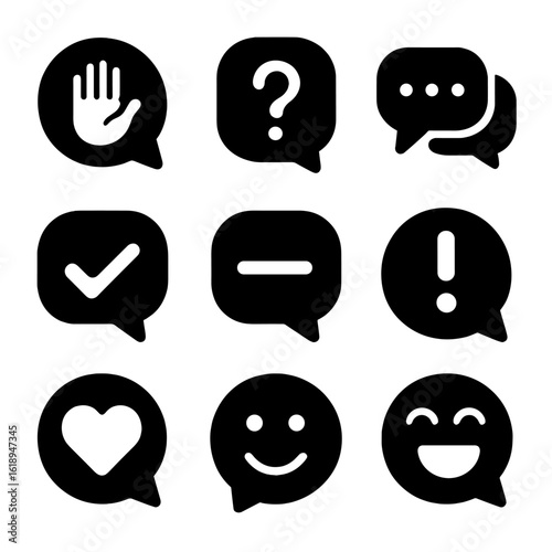 Verbal Expressions Icons. Solid, filled icon set of verbal expressions: greetings, questions, answers, statements, commands,