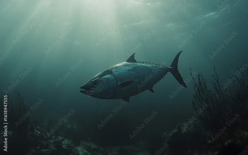 Fototapeta premium A majestic tuna fish swimming gracefully through the crystal-clear ocean water, capturing the beauty of marine life.