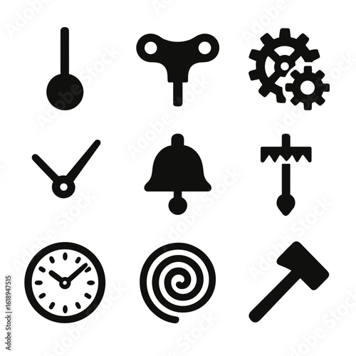 Vintage Clock Icon Set. Solid, filled icon set of vintage clock mechanics: pendulum, winding key, gear wheels, clock hands, bell