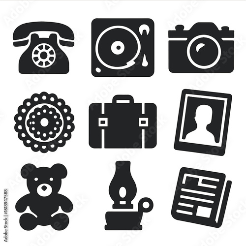 Vintage Icons Grid. Solid, filled icons set of vintage and nostalgic items: rotary phone, record player, film