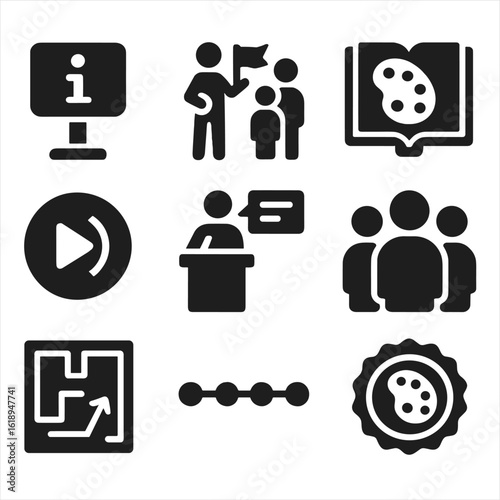 Virtual Art Icons. Solid, filled icons set of educational features in virtual art spaces: info plaque, guided