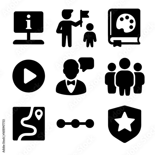 Virtual Art Icons. Solid, filled icons set of educational features in virtual art spaces: info plaque, guided