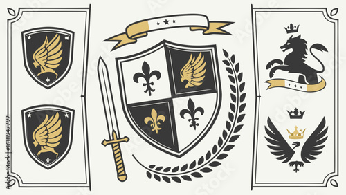 Laurel wreath , shield , wing , ribbon , and banners vector set . Laurel wreath s, shield s, wing s, ribbon s illustration for awards , heraldry , logos , badges , and branding designs