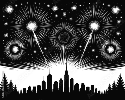 A graphic black and white illustration of a city skyline silhouette illuminated by a spectacular fireworks display against a starry night sky.