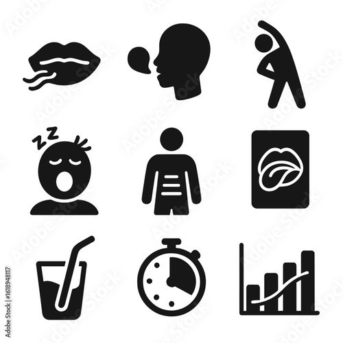 Vocal Warm-up Icons. Solid, filled icons set of vocal warm-up routines: lip trill icon, humming bubble,