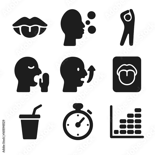 Vocal Warm-up Icons. Solid, filled icons set of vocal warm-up routines: lip trill icon, humming bubble,