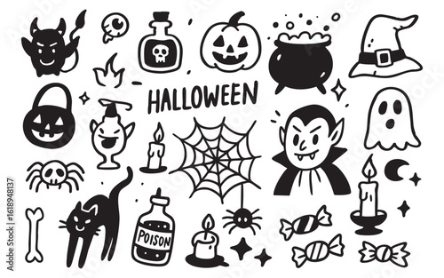 Halloween doodle include vampire, pumpkin and ghost with spider, cat and bat illustrations. Poison bottles or hats add creepy fun for spooky or costume designs. Ideal for party invites web element.